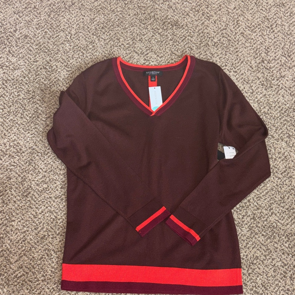 Liverpool Brown V-Neck Sweater with Orange and Red Accents Small